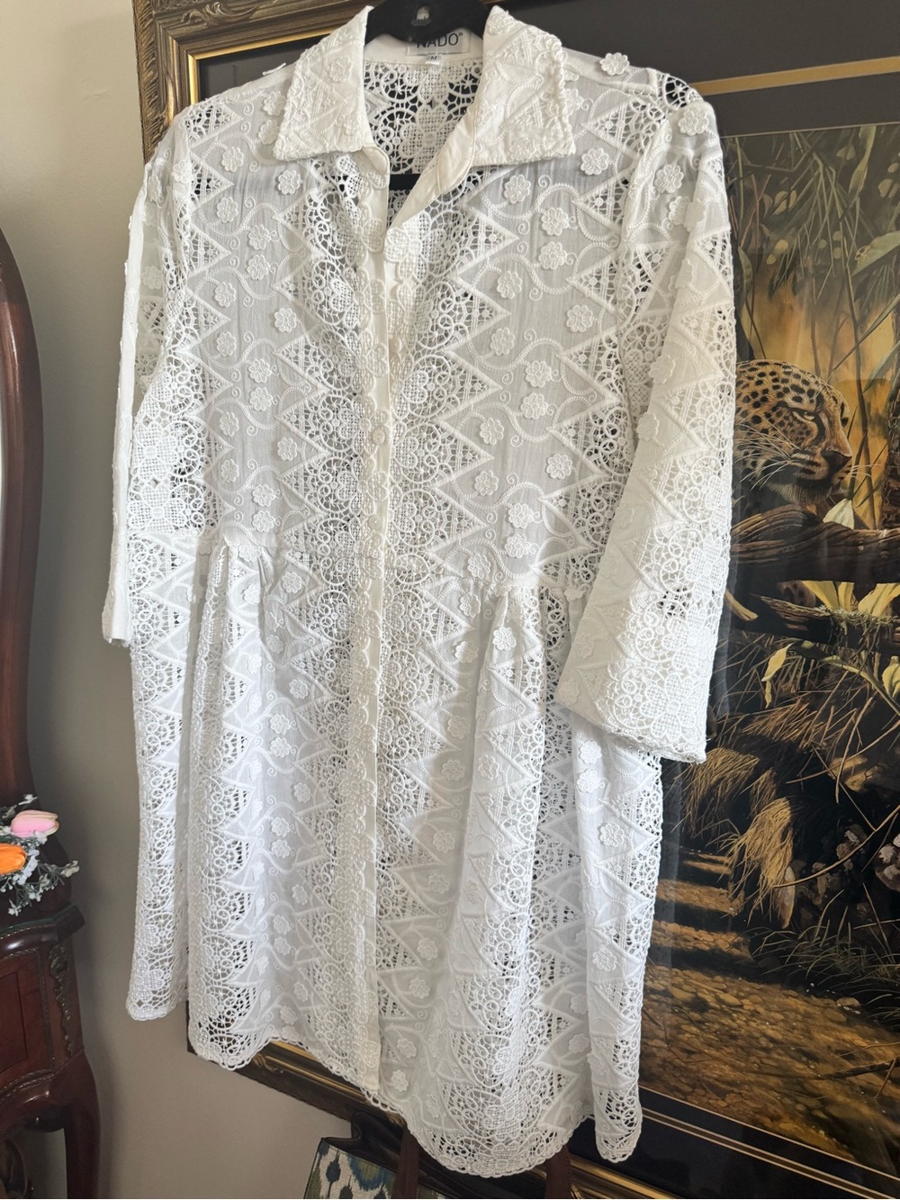 Women's White Lace Long-Sleeve Shirt Dress - Elegant Collared Design